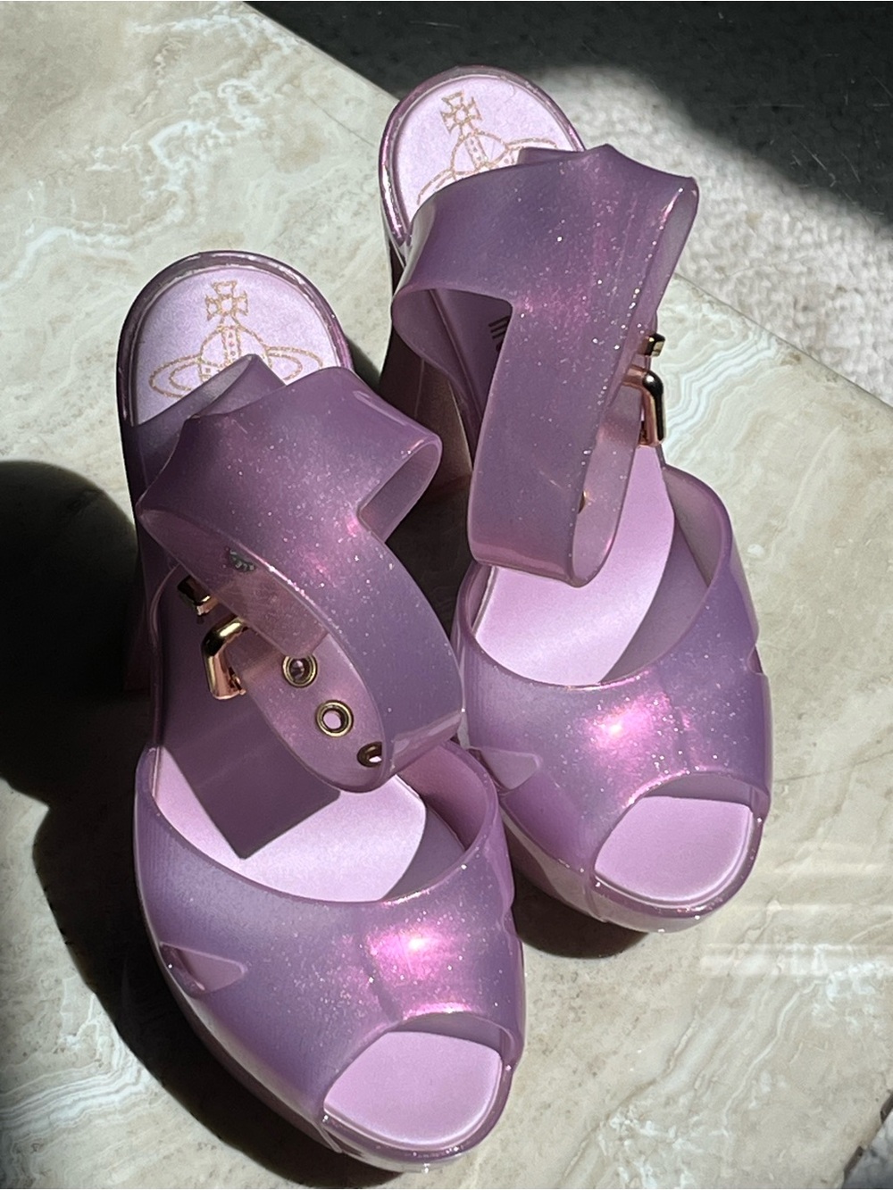 Vivienne Westwood Iridescent Lavender Platform Block Heels UV/Blacklight glow! - Picture 9 of 9